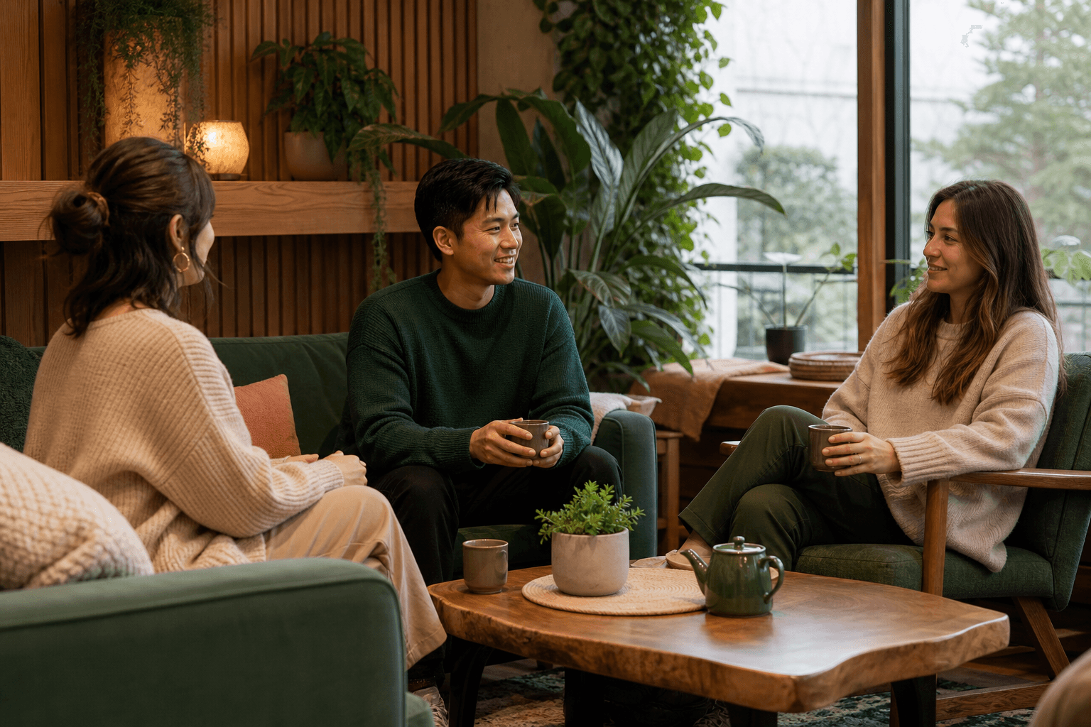 Three fully clothed adults talking calmly in a trusted lounge space.