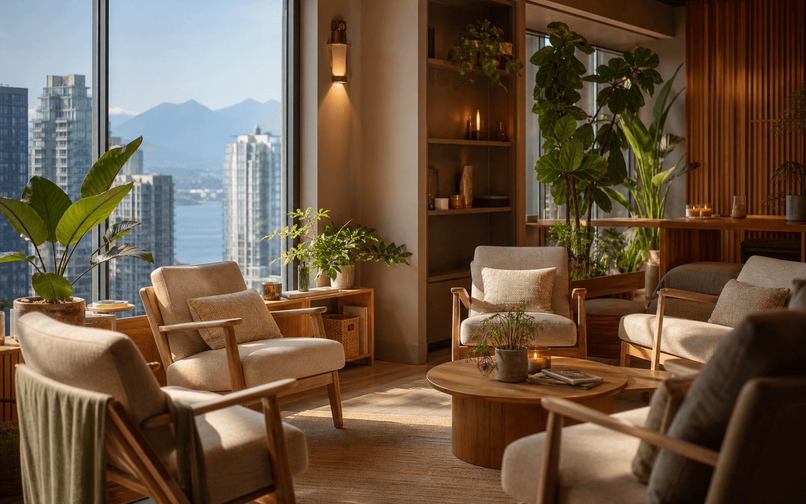 A calm Vancouver lounge prepared for a fully clothed platonic comfort session.